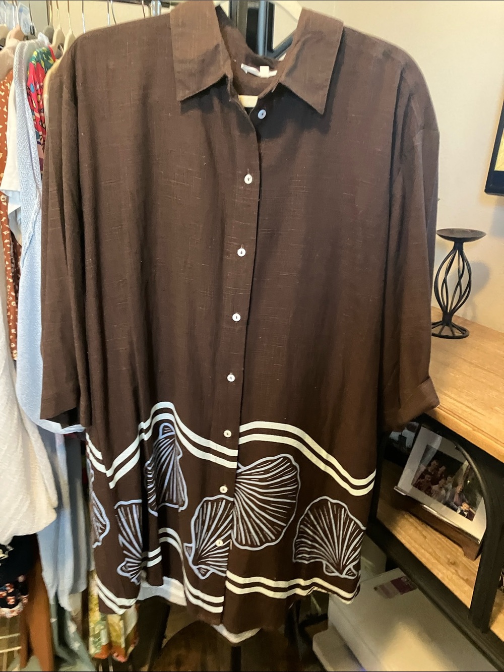 Women's Brown Shell-Print Button Front Swim Coverup